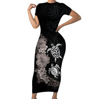 Hawaiian Flower and Tribal Turtle Family Matching Short Sleeve Bodycon Dress and Hawaiian Shirt Grayscale Mode LT03 Mom's Dress Black - Polynesian Pride