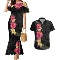 Hawaiian Plumeria and Hibiscus Couples Matching Mermaid Dress and Hawaiian Shirt Colorful Style LT03 Black - Polynesian Pride