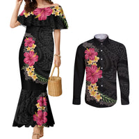 Hawaiian Plumeria and Hibiscus Couples Matching Mermaid Dress and Long Sleeve Button Shirt Colorful Style LT03 Black - Polynesian Pride