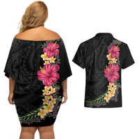 Hawaiian Plumeria and Hibiscus Couples Matching Off Shoulder Short Dress and Hawaiian Shirt Colorful Style LT03 - Polynesian Pride