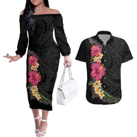 Hawaiian Plumeria and Hibiscus Couples Matching Off The Shoulder Long Sleeve Dress and Hawaiian Shirt Colorful Style LT03 Black - Polynesian Pride