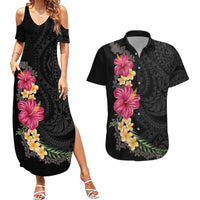 Hawaiian Plumeria and Hibiscus Couples Matching Summer Maxi Dress and Hawaiian Shirt Colorful Style LT03 Black - Polynesian Pride