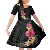 Hawaiian Plumeria and Hibiscus Family Matching Off The Shoulder Long Sleeve Dress and Hawaiian Shirt Colorful Style LT03 Daughter's Dress Black - Polynesian Pride