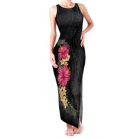 Hawaiian Plumeria and Hibiscus Family Matching Tank Maxi Dress and Hawaiian Shirt Colorful Style LT03 Mom's Dress Black - Polynesian Pride