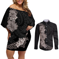 Hawaiian Plumeria and Hibiscus Couples Matching Off Shoulder Short Dress and Long Sleeve Button Shirt Grayscale Mode LT03 Black - Polynesian Pride