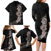 Hawaiian Plumeria and Hibiscus Family Matching Long Sleeve Bodycon Dress and Hawaiian Shirt Grayscale Mode LT03 - Polynesian Pride