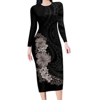 Hawaiian Plumeria and Hibiscus Family Matching Long Sleeve Bodycon Dress and Hawaiian Shirt Grayscale Mode LT03 Mom's Dress Black - Polynesian Pride