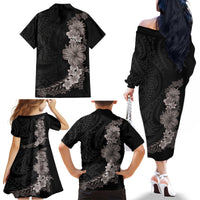 Hawaiian Plumeria and Hibiscus Family Matching Off The Shoulder Long Sleeve Dress and Hawaiian Shirt Grayscale Mode LT03 - Polynesian Pride