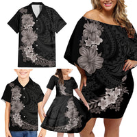 Hawaiian Plumeria and Hibiscus Family Matching Off Shoulder Short Dress and Hawaiian Shirt Grayscale Mode LT03 - Polynesian Pride