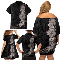 Hawaiian Plumeria and Hibiscus Family Matching Off Shoulder Short Dress and Hawaiian Shirt Grayscale Mode LT03 - Polynesian Pride