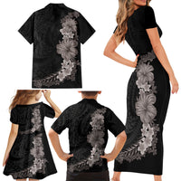 Hawaiian Plumeria and Hibiscus Family Matching Short Sleeve Bodycon Dress and Hawaiian Shirt Grayscale Mode LT03 - Polynesian Pride