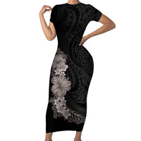 Hawaiian Plumeria and Hibiscus Family Matching Short Sleeve Bodycon Dress and Hawaiian Shirt Grayscale Mode LT03 Mom's Dress Black - Polynesian Pride