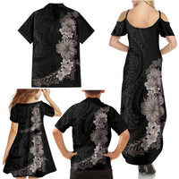Hawaiian Plumeria and Hibiscus Family Matching Summer Maxi Dress and Hawaiian Shirt Grayscale Mode LT03 - Polynesian Pride