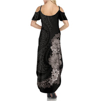 Hawaiian Plumeria and Hibiscus Family Matching Summer Maxi Dress and Hawaiian Shirt Grayscale Mode LT03 - Polynesian Pride