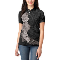 Hawaiian Plumeria and Hibiscus Women Polo Shirt Grayscale Mode