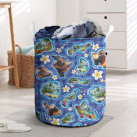 Hawaiian Island Shapes-Iconic Landscape Laundry Basket with Plumeria and Palaka Blue Color