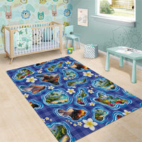 Hawaiian Island Shapes-Iconic Landscape Area Rug with Plumeria and Palaka Blue Color