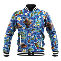 Hawaiian Island Shapes-Iconic Landscape Baseball Jacket with Plumeria and Palaka Blue Color