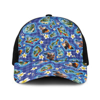 Hawaiian Island Shapes-Iconic Landscape Baseball Net Cap with Plumeria and Palaka Blue Color