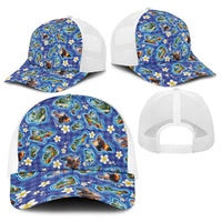Hawaiian Island Shapes-Iconic Landscape Baseball Net Cap with Plumeria and Palaka Blue Color