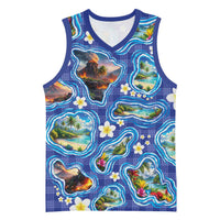 Hawaiian Island Shapes-Iconic Landscape Basketball Jersey with Plumeria and Palaka Blue Color