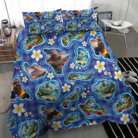 Hawaiian Island Shapes-Iconic Landscape Bedding Set with Plumeria and Palaka Blue Color