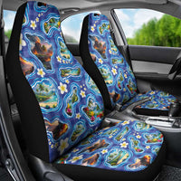 Hawaiian Island Shapes-Iconic Landscape Car Seat Cover with Plumeria and Palaka Blue Color