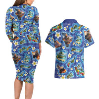 Hawaiian Island Shapes-Iconic Landscape Couples Matching Long Sleeve Bodycon Dress and Hawaiian Shirt with Plumeria and Palaka Blue Color LT03 - Polynesian Pride