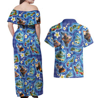Hawaiian Island Shapes-Iconic Landscape Couples Matching Off Shoulder Maxi Dress and Hawaiian Shirt with Plumeria and Palaka Blue Color LT03 - Polynesian Pride