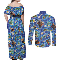 Hawaiian Island Shapes-Iconic Landscape Couples Matching Off Shoulder Maxi Dress and Long Sleeve Button Shirt with Plumeria and Palaka Blue Color LT03 - Polynesian Pride