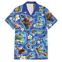 Hawaiian Island Shapes-Iconic Landscape Family Matching Long Sleeve Bodycon Dress and Hawaiian Shirt with Plumeria and Palaka Blue Color LT03 Dad's Shirt - Short Sleeve Blue - Polynesian Pride