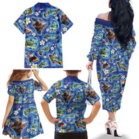 Hawaiian Island Shapes-Iconic Landscape Family Matching Off The Shoulder Long Sleeve Dress and Hawaiian Shirt with Plumeria and Palaka Blue Color LT03 - Polynesian Pride