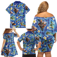 Hawaiian Island Shapes-Iconic Landscape Family Matching Off Shoulder Short Dress and Hawaiian Shirt with Plumeria and Palaka Blue Color LT03 - Polynesian Pride