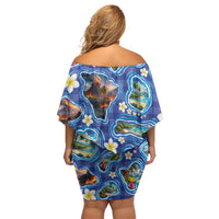 Hawaiian Island Shapes-Iconic Landscape Family Matching Off Shoulder Short Dress and Hawaiian Shirt with Plumeria and Palaka Blue Color LT03 - Polynesian Pride