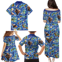 Hawaiian Island Shapes-Iconic Landscape Family Matching Puletasi and Hawaiian Shirt with Plumeria and Palaka Blue Color LT03 - Polynesian Pride