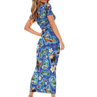 Hawaiian Island Shapes-Iconic Landscape Family Matching Short Sleeve Bodycon Dress and Hawaiian Shirt with Plumeria and Palaka Blue Color LT03 - Polynesian Pride