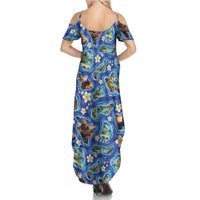 Hawaiian Island Shapes-Iconic Landscape Family Matching Summer Maxi Dress and Hawaiian Shirt with Plumeria and Palaka Blue Color LT03 - Polynesian Pride