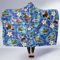 Hawaiian Island Shapes-Iconic Landscape Hooded Blanket with Plumeria and Palaka Blue Color LT03 One Size Blue - Polynesian Pride