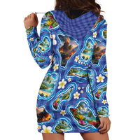 Hawaiian Island Shapes-Iconic Landscape Hoodie Dress with Plumeria and Palaka Blue Color LT03 - Polynesian Pride