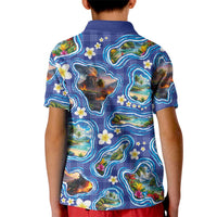 Hawaiian Island Shapes-Iconic Landscape Kid Polo Shirt with Plumeria and Palaka Blue Color