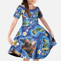 Hawaiian Island Shapes-Iconic Landscape Kid Short Sleeve Dress with Plumeria and Palaka Blue Color LT03 KID Blue - Polynesian Pride