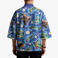 Hawaiian Island Shapes-Iconic Landscape Kimono with Plumeria and Palaka Blue Color