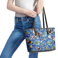 Hawaiian Island Shapes-Iconic Landscape Leather Tote Bag with Plumeria and Palaka Blue Color