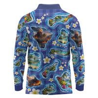 Hawaiian Island Shapes-Iconic Landscape Long Sleeve Polo Shirt with Plumeria and Palaka Blue Color LT03 - Polynesian Pride