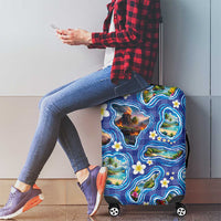 Hawaiian Island Shapes-Iconic Landscape Luggage Cover with Plumeria and Palaka Blue Color
