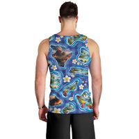 Hawaiian Island Shapes-Iconic Landscape Men Tank Top with Plumeria and Palaka Blue Color