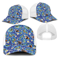 Hawaiian Island Shapes-Iconic Landscape Mesh Trucker Cap with Plumeria and Palaka Blue Color