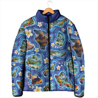 Hawaiian Island Shapes-Iconic Landscape Padded Jacket with Plumeria and Palaka Blue Color