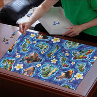 Hawaiian Island Shapes-Iconic Landscape Puzzle with Plumeria and Palaka Blue Color