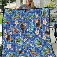 Hawaiian Island Shapes-Iconic Landscape Quilt with Plumeria and Palaka Blue Color